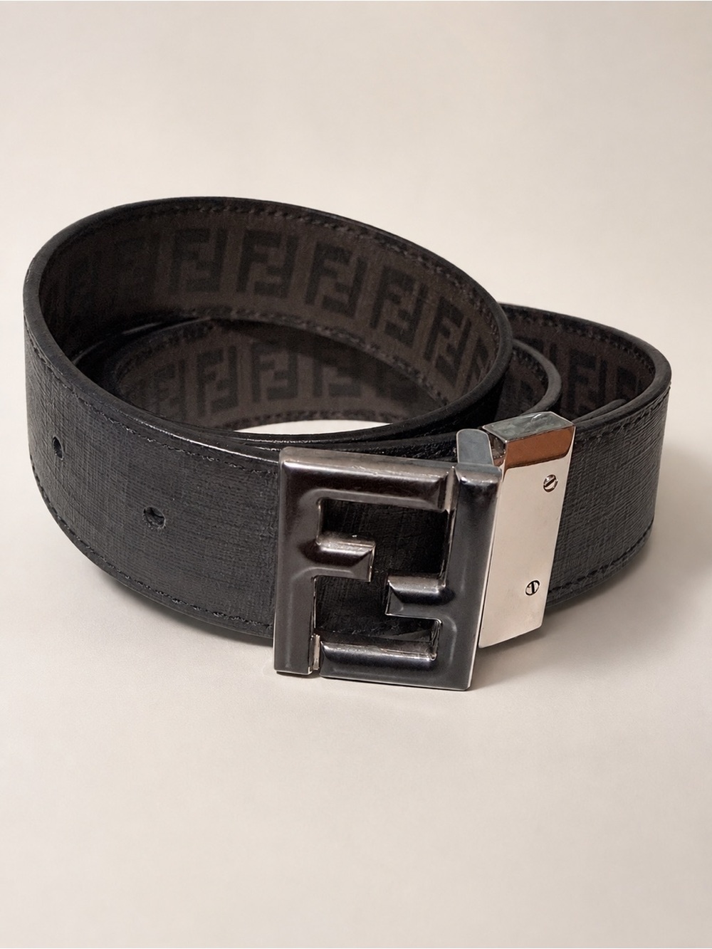 Fendi Black Leather FF Logo Buckle Belt
